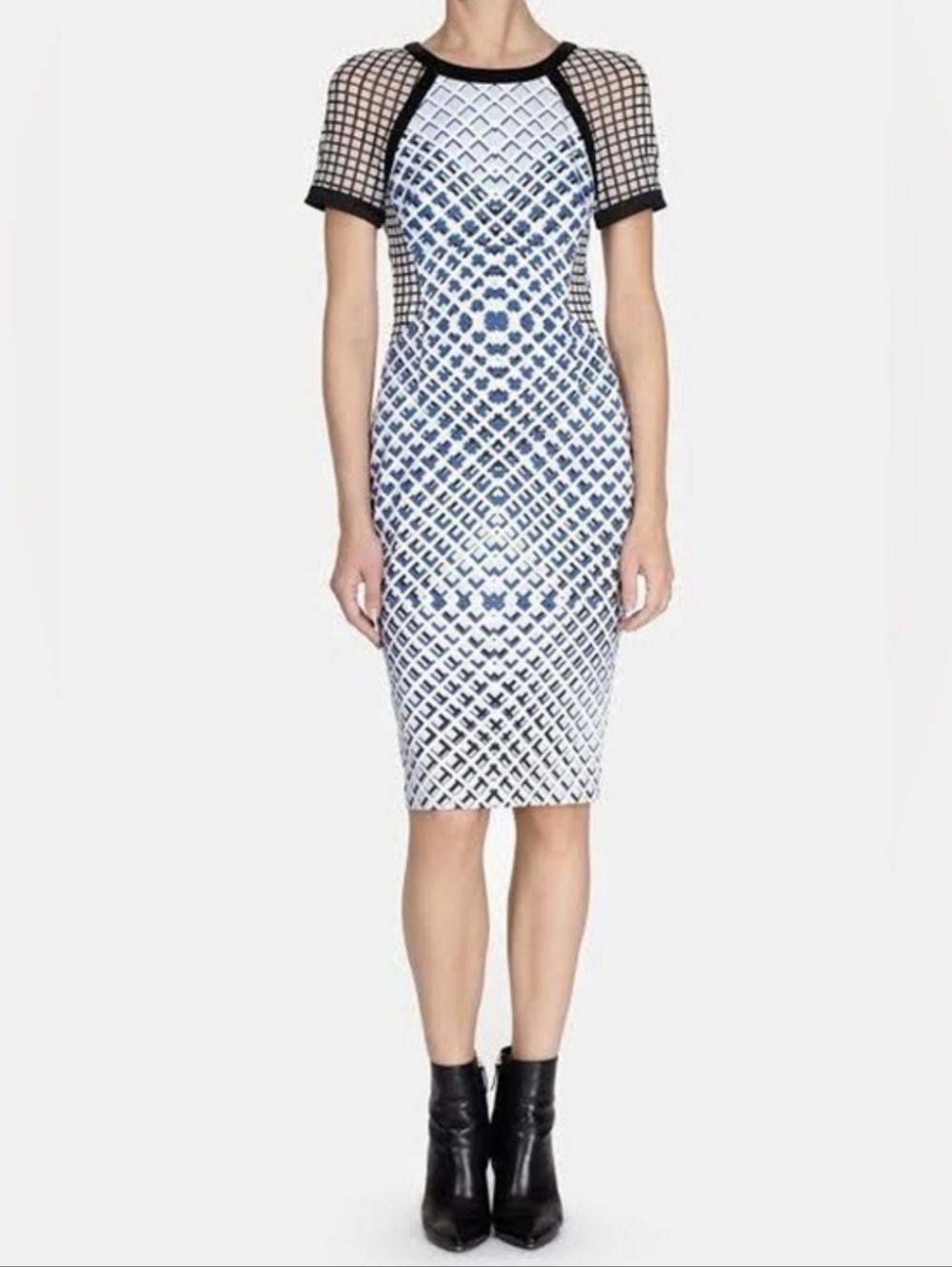KAREN MILLEN Printed Signature Stretch Dress Geometric Print Sheer Mesh Sleeves